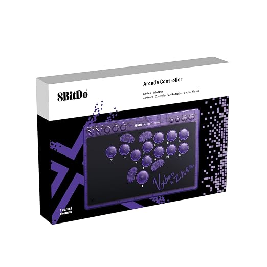 8BitDo All-Button Arcade Controller for Switch & Windows – 3 Connection Modes, Low-profile Linear Switches, 4 Programmable Buttons, Hot-swappable PCB - Transparent Purple Signature Edition