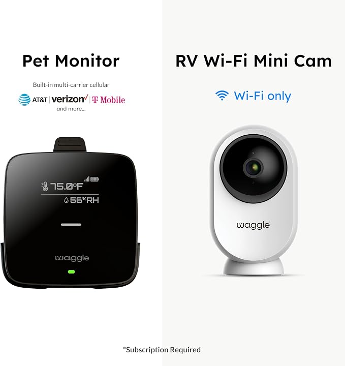 Waggle 4G LTE Pet Monitor Lite + RV Mini Camera - Cellular Temperature & Humidity Monitor, Real-time Alerts - RV/Camper/Van/Car Monitoring - Subscription Required