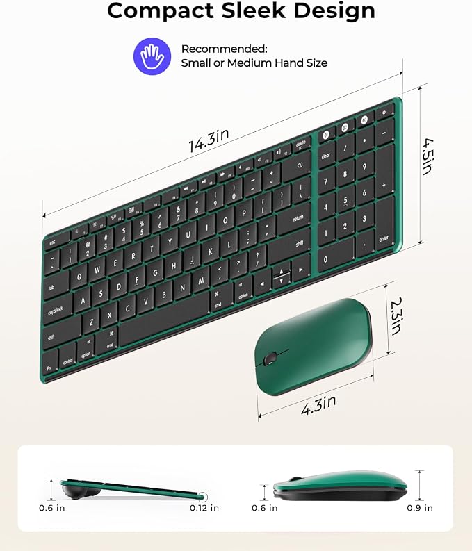 seenda Bluetooth Keyboard and Mouse Combo for Mac, SKM64-2 Rechargeable Silent Wireless Keyboard Mouse Compact Slim, 3 Multi-Device Connection, Compatible for Mac MacBook Pro/Air iPad, Black Green