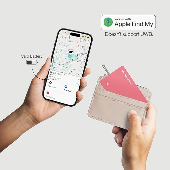 SPOTMINDERS Apple MFi Certified Wallet Tracker Card for Travel Gifts for Women - Works with Apple Find My Rechargeable Tracking Card for Wallet Luggage Passport Purse Slim 0.07in IP68 Pink Item Finder