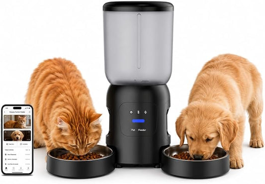 Smart Pet Feeder with Dual 2K Camera & AI Recognition, Dual Bowl Automatic Cat Feeder for Two Cats & Dogs, 6L WiFi Pet Feeder with App Control, 2-Way Audio, Motion Tracking, Anti-Clog Design