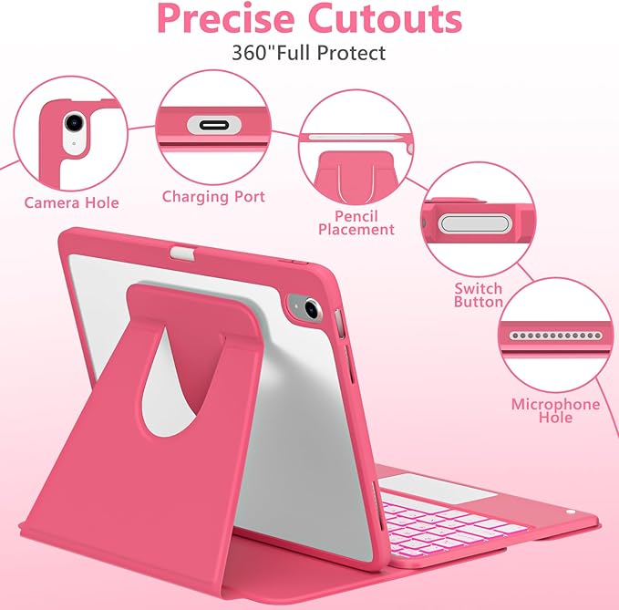 Touchpad for iPad A16 11th/10th Generation Case with Keyboard, 7 Color Backlit 360 Rotation Cover with Pencil Holder,Detachable Keyboard for iPad 11 inch 2025/10th Gen 10.9'' 2022 (Watermelon Red)