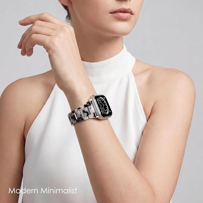 V-MORO Resin Metal Band Compatible with Apple Watch 42/44/45/46/49mm,Fashion Lightweight Bracelet with Starlight Stainless Steel Inlay for iWatch Series 11/10/9/8/7/6/5/4/3/2/1/SE,Black Floral