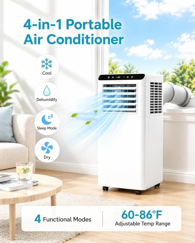 8000 BTU Portable Air Conditioners Cools Up to 350 Sq.Ft, 3 in 1 Portable AC with Remote, 24H Timer, Sleep Mode, Window Kit