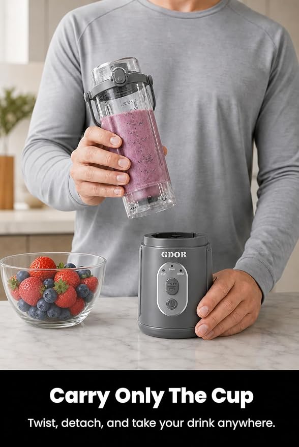 GDOR Portable Smoothie Blender, Twist & Go, Mini Blender Shakes and Smoothies,3 Auto Programs, Ice Crush,2x23 oz, Cordless, Dishwasher Safe, BPA-Free