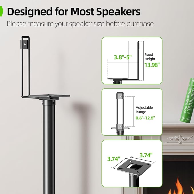 USX MOUNT Bookshelf Speaker Stands Pair, Height Adjustable Extends 32-42 inch for Rear Surround Sound Speakers, Floor Satellite Speaker Stands for Vizio Bose Sony JBL Klipsch Polk, Max Load 11 lbs