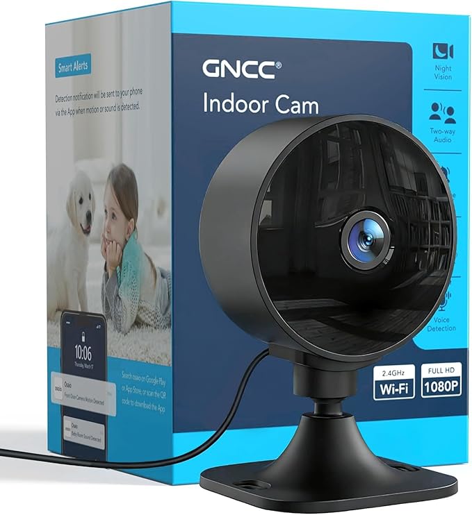 GNCC 2.4GHz Indoor Security Camera, 1080P Home Camera for Pet Monitoring, Motion Detection, Two-Way Audio, IR Night Vision, Easy Install, Cloud Storage Subscription Required, No 5GHz Support (GC3B-1P)