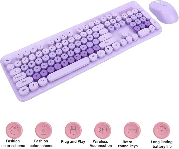 Wireless Keyboard and Mouse Combo, 2.4GHz Plug and Play with Retro Typewriter Style Round Keycaps, 104 Keys with Numeric Pad, for PC Laptop Desktop (Purple)