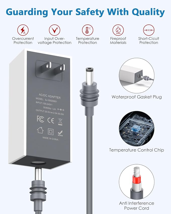 Starlink Mini 12V Power Supply Adapter 30V 2A 60W Wall Charger 2M Cable | 2M Waterproof DC Power Cable, 30V Stable Output, Zero Voltage Drop, No need to restart, 110V-240V Universal Fast Charging