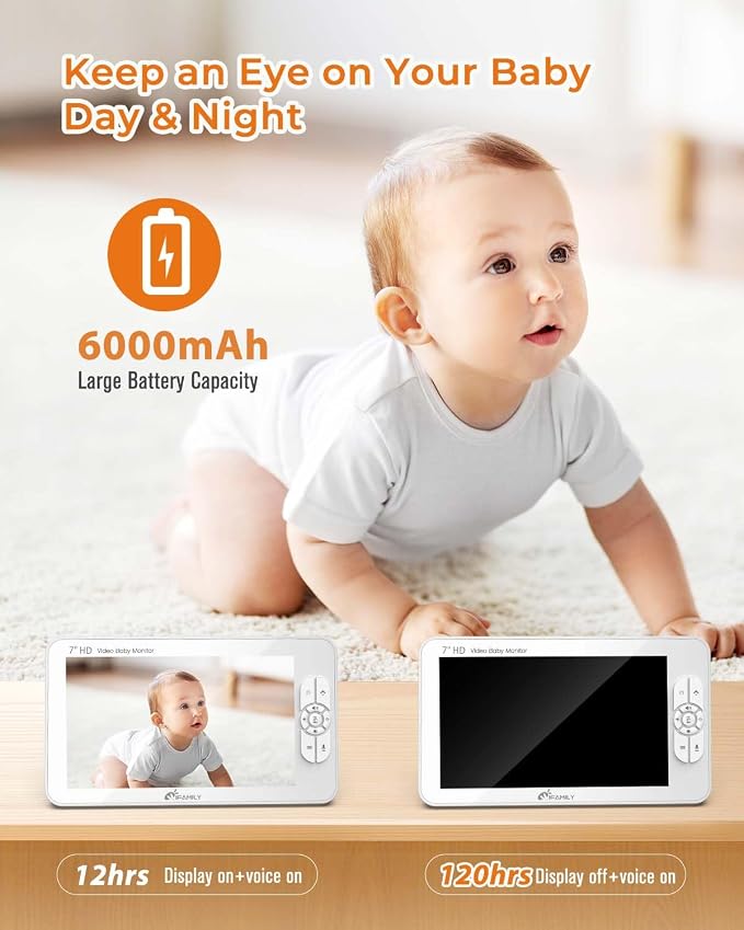 iFamily 7" Large Split Baby Monitor with 2 HD Cameras and Audio, 1080P HD Video Baby Monitor No WiFi,Hack Proof, up to 120hr Battery Life, Built-in White Noise& lullabies