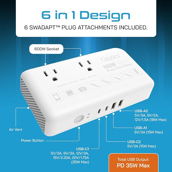 Ceptics 600W Pure Sine Wave 220v to 110v Converter, Step Down Voltage Converter us to Europe, 6 Plug attachments and 4 USB Ports (35W max), Perfect for Hair dryers, Straighteners and Curling Irons