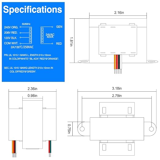 Control Transformer 24V 40VA, Multi-Tap 120/208/240V to 24VAC Industrial Power Transformer with Foot Mount for HVAC Furnace, Relays, and Gas Valves (24V 40VA)