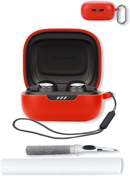 Case for JBL Live Pro 2 - True Wireless Noise Cancelling Earbuds,Soft Protective,Shockproof, BOVUGAC Silicone Case Cover with Keychain & Cleaning Kit & Lanyard-Red