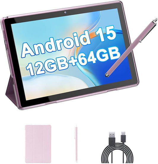 HOTTABLET Tablet 10-inch Android 15, RAM 12GB(4+8Expand) +ROM 64GB, 2+8MP Dual Camera, 6000mAh Battery (Tablet+case+Stylus)(Pink)