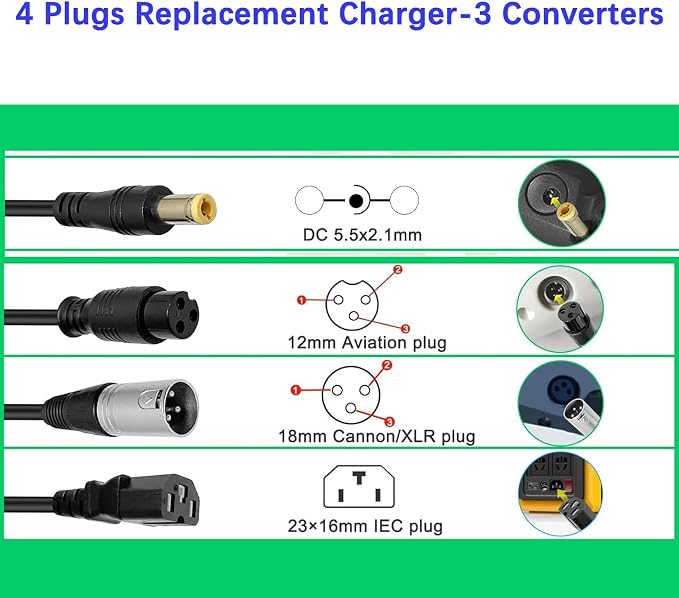 67.2V 3A Charger 4 Plugs for CityCoco 1000W Fat Tire Scooter, MotoTec Fatboy, Scooters and More 60V(16S) Lithium Battery H1-NVA H1NVA DSA-NVABF20 Supply DC plug/12mm 3 Prong/XLR/Cannon/IEC Plug