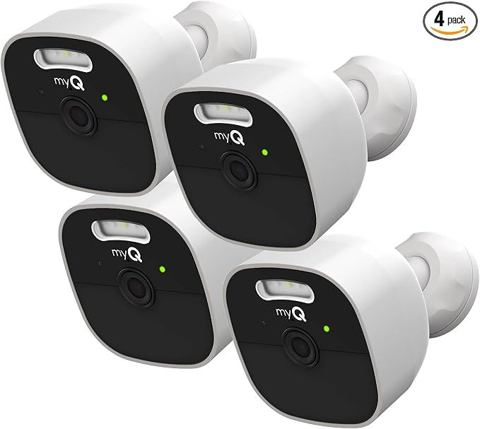 myQ Outdoor Battery Camera | 2K Camera, Color Night Vision, Spotlight, Motion Alerts, Live View with Two-Way Talk, Wireless, Weather-Resistant, Outdoor, White, 4 Pack