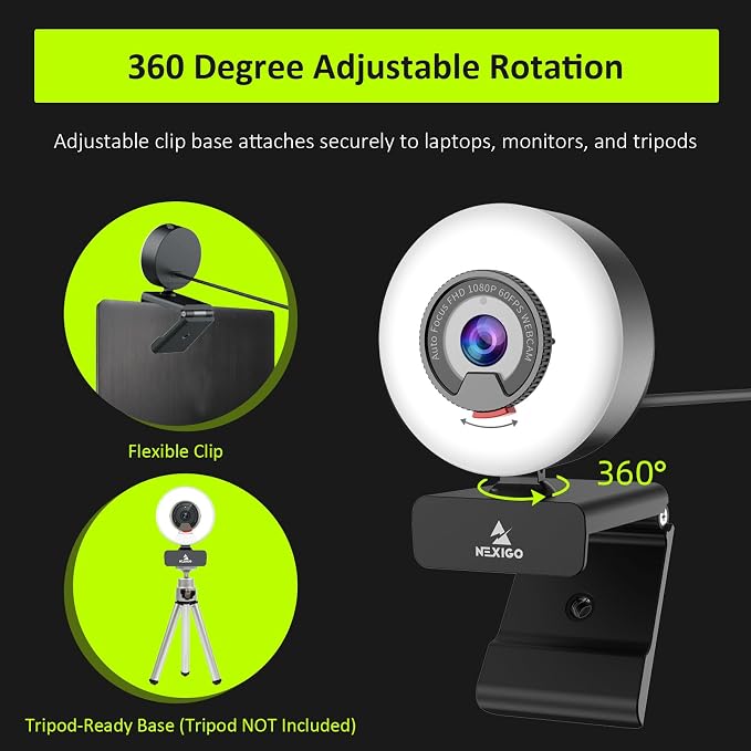 NexiGo N960E 1080P 60FPS Webcam with Light, Software Included, Fast AutoFocus, Built-in Privacy Cover, USB Web Camera, Dual Stereo Microphone, for Zoom Meeting Skype Teams Twitch