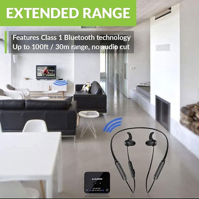 Avantree HT4186 Wireless Headphones Earbuds for TV Watching, Neckband Earphones Set w/Bluetooth Transmitter for Optical Digital Audio, RCA, 3.5mm Aux Ported TVs, Plug & Play, No Audio Delay