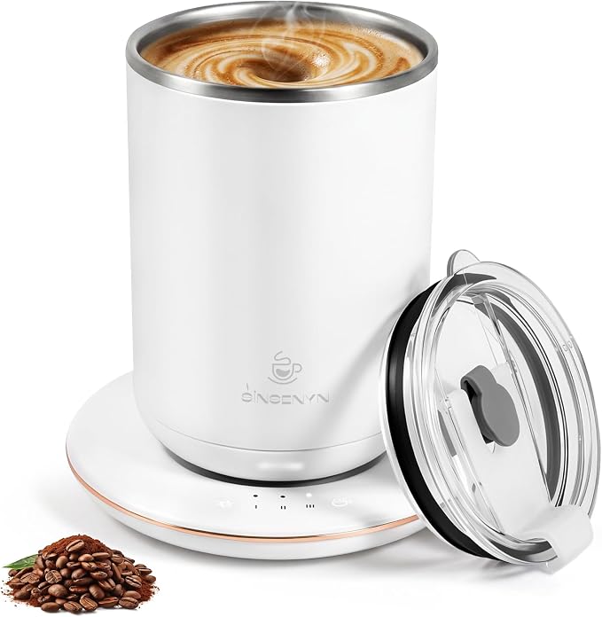 Self Stirring Coffee Mug, Self Heating Coffee Mug, Heated Cup with 3-Level Smart Temperature Control, Auto Shut-Off Electric Coffee Cup Warmer with Detachable Base, Gift for Family Friends (White)