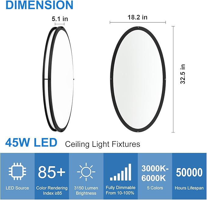 DLLT Flush Mount LED Ceiling Light: 32 Inch 5CCT (3000K-6000K) & Dimmable Ceiling Light Fixtures for Bedroom Hallway - 45W Modern Black Super Bright Kitchen Lighting Fixtures Ceiling