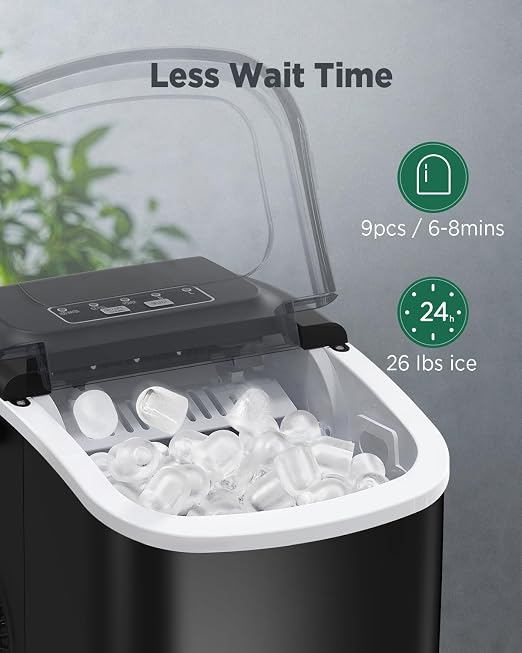 Silonn Ice Makers Countertop, Portable Ice Maker with Self-Cleaning 9 Cubes Ready in 6 Mins 26Lbs/24H 2 Sizes of Bullet Ice, Ice Machine for Home Kitchen and Office