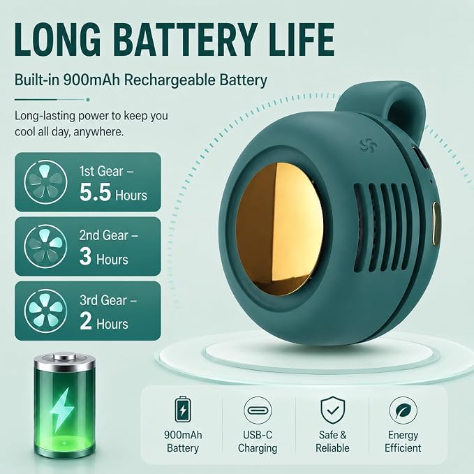 Portable Silent Mini Bladeless Fan Clip On, Small Fan Clip on for Shirt & Waist, Adjustable 3-Speed Suspended Whirlwind Fans, For Outdoor & Travel & Office, Travel Accessories (1, green)