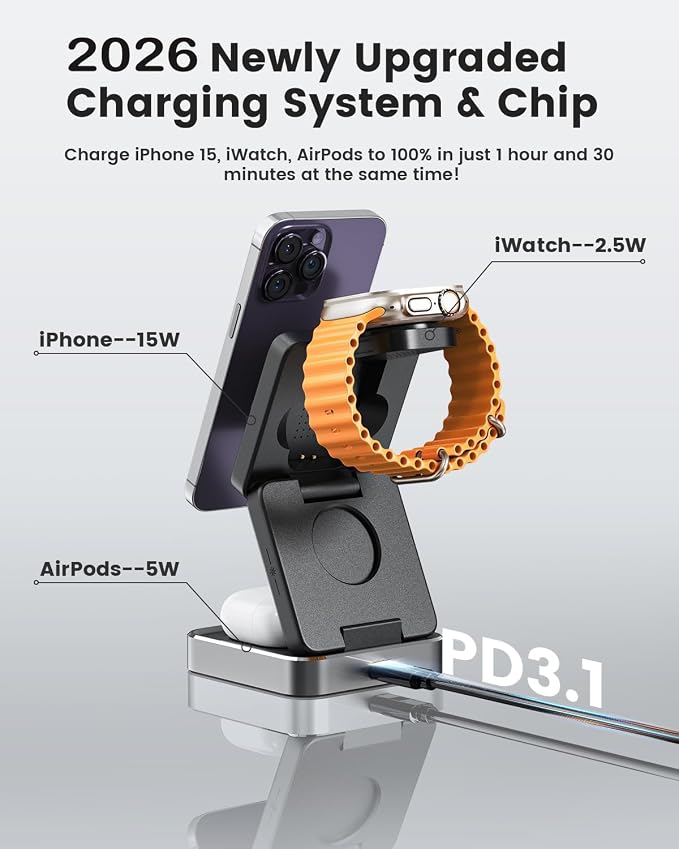 3 in 1 Wireless Charging Station Magnetic Wireless Charger,Portable Foldable Travel Essential with Nightlight Fast Charger Stand for iPhone 17 Pro Max/17 Pro/17Air/17/16/15/14/13,AirPods&Apple Watch