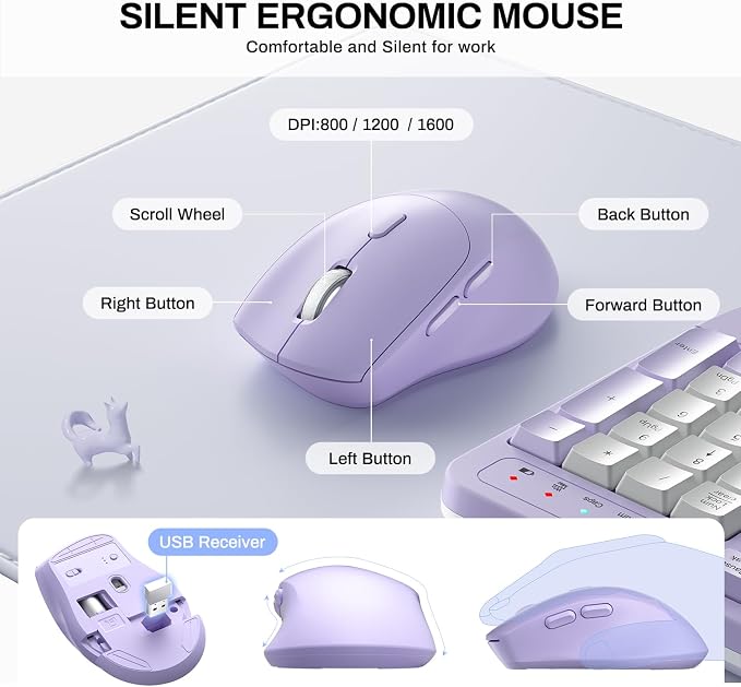 Wireless Keyboard and Mouse Combo,2.4G Full Size Wave Keys Ergonomic Keyboard with Wrist Rest for Natural Typing, 3 DPI Adjustable Ergonomic Mouse for Computer/Laptop/Windows/Mac (Purple & White-B)