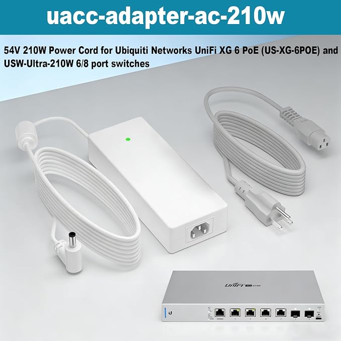 54V 3.9A Power Adapter for UniFi XG 6 PoE,Uacc-Adapter-AC-210W Compatible with Networks UniFi XG 6 PoE (Model US-XG-6POE) 6/8 Port switches Power Cord Charger（White
