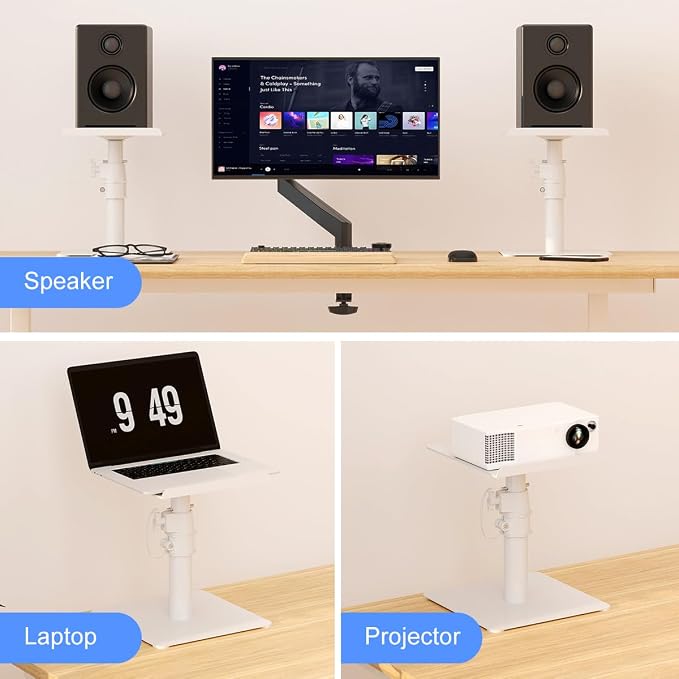 Suptek Free-Standing Speaker Stand Desktop Set, 9.6 x 8.8 inch Trays, Height Adjustment and Tilt, Universal Audio Holders for Computer and Bookshelf Speakers, Elevated Sound, 2 Pack, White, SDM001TW