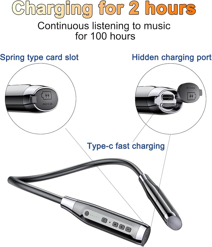 Kinobo Neckband Bluetooth Headphones，6.0 Bluetooth 120 Hours Playtime，IPX7 Sports Waterproof Earbuds with Microphone Noise Cancelling with TF Card Slot ，HiFi Stereo (Black)