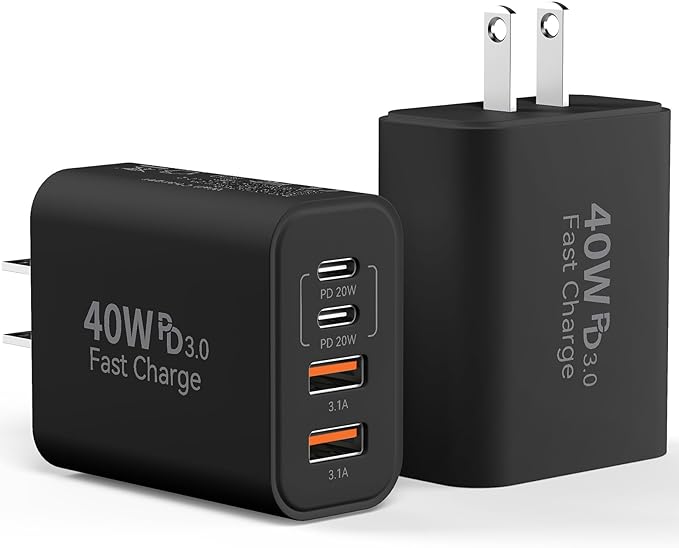 USB C Wall Charger Block, 2-Pack 40W 4-Port Fast Charging Block PD Power Adapter +QC 3.0 USB A Wall Plug Multiport Type C Box Cube for Phone 15/14/13/12/11 Pro Max, Galaxy, Pixel