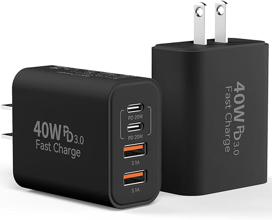 USB C Wall Charger Block, 2-Pack 40W 4-Port Fast Charging Block PD Power Adapter +QC 3.0 USB A Wall Plug Multiport Type C Box Cube for Phone 15/14/13/12/11 Pro Max, Galaxy, Pixel