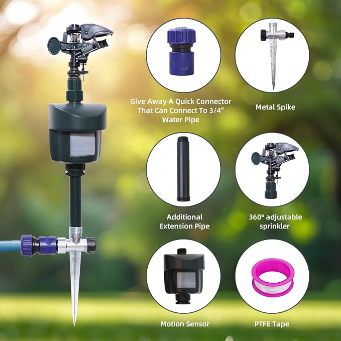 [2025 Upgraded] Yardeen Motion Sensor Sprinkler with Adjustable Head, Water Spray for Lawn and Garden. Day and Night Mode can be Selected