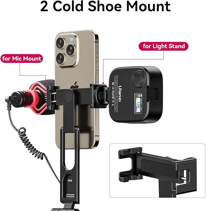 ULANZI MA26 Foldable Phone Tripod, Pocket Cell Phone Vlog Video Tripod Handle Aluminium Smartphone Desk Stand 2 Cold Shoe Small Size All in One Lightweight Portable Vlog Stick for iPhone 17 Samsung