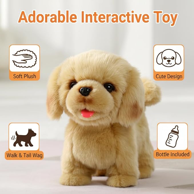 CU-MATE Electronic Walking Dog Toy, Interactive Plush Golden Retriever Puppy, Realistic Interactive Pet Toy Dog, Walking, Barking, Wagging Tail & Talking, Present Gifts for 3+ Year