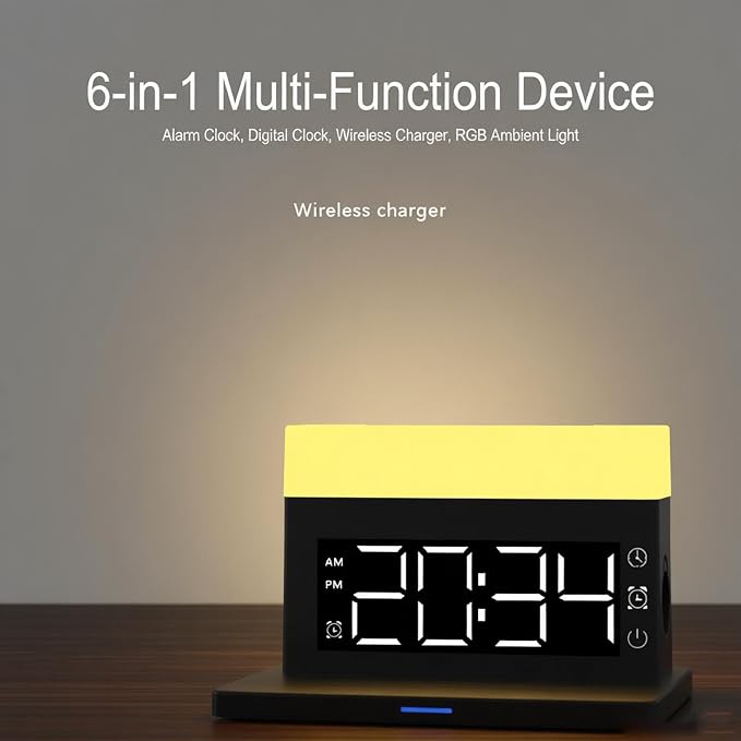 AYI Multifunctional Wireless Charging Station with Alarm Clock, 15W Fast Charger for Phones Watches Earbuds Qi-Certified, Stand with 7 RGB Night Light Modes - N65 Black.