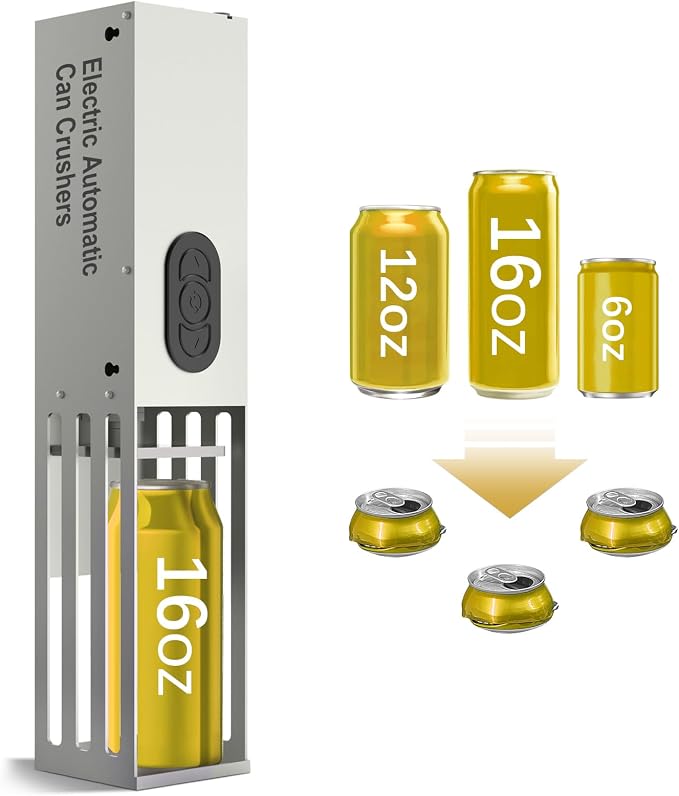 Automatic Can Crusher, Electric Can Crushers Wall Mounted for Recycling 8oz, 12oz & 16oz Cans, Fill 1 can at a Time, for Recycling Aluminum Seltzer, Cola, Beer Cans