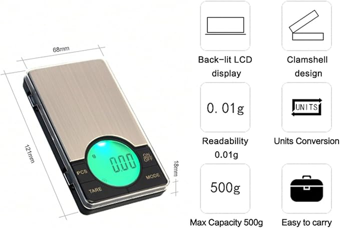 Precision Digital Pocket Weight Jewelry Scale with Large LCD Backlight 500G 0.01G(
