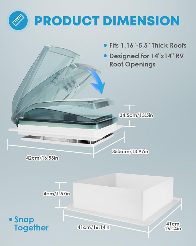 Kohree 14" RV Vent Fan 10 Speed Reversible Manual Lift: 12V Super Quiet RV Roof Vent Fan for Camper Trailer Bathroom, RV Exhaust Fan with 10 Blades (NO REMOTE)