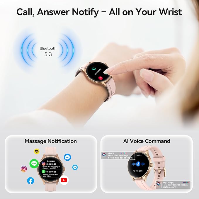 Smart Watch for Women Android iPhone, 1.27'' HD Fitness Tracker with Bluetooth Call & Answer, IP68 Waterproof, Heart Rate/SpO2/Sleep Monitor, Built-in AI Voice, 105+ Sports Modes (Gold)