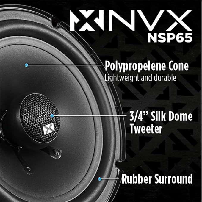 NVX NSP65 6.5" Car Speakers, 540W Max, 180W RMS, 2-Way Coaxial w/Silk Dome Tweeters & Built-in X-Overs, Easy to Install in Cars/Trucks/Doors (Pair)