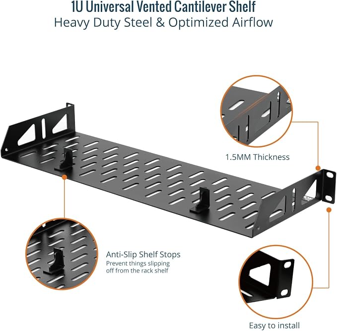 Tecmojo 1U Rack Shelf,19 inch Rack Shelf 6 inch Depth,Rack Mount Shelf with Anti-Slip Stops,Server Rack Shelf and Network Shelf for 19 in Equipments, 55lbs Capacity of Vented 1U Shelf,No Lip(2 Pack)