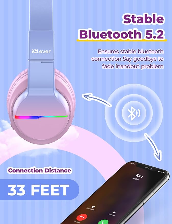 iClever BTH12 Kids Bluetooth Headphones,Colorful LED Lights,74/85dBA Safe Volume,85H Playtime,Fast Charging,Bluetooth 5.2,Over Ear Kids Headphones Wireles for iPad/Tablet/Airplane, Gradient Pink