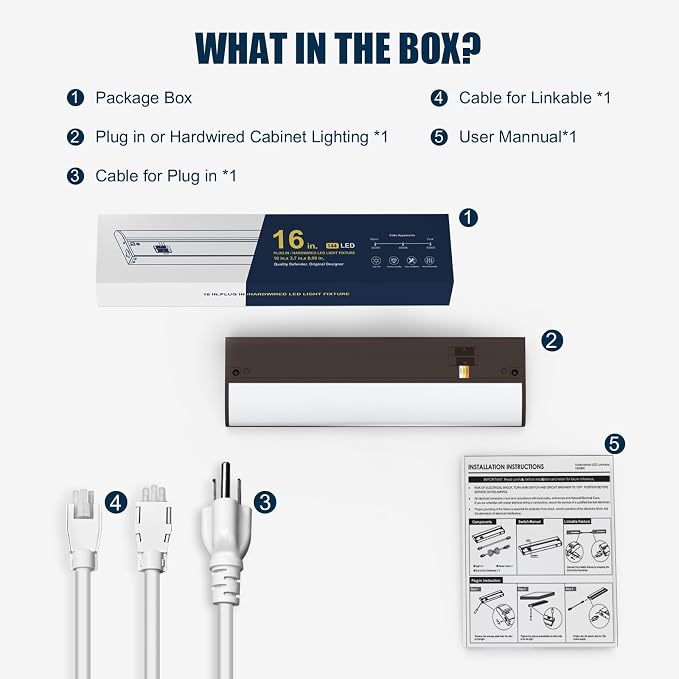 30 Inch LED Under Cabinet Light, Plug in Kitchen Lighting, 3CCT Selectable (3000K/4000K/5000K), CRI94 High Color Accuracy, Linkable, Slim Design Dimmable, Brown