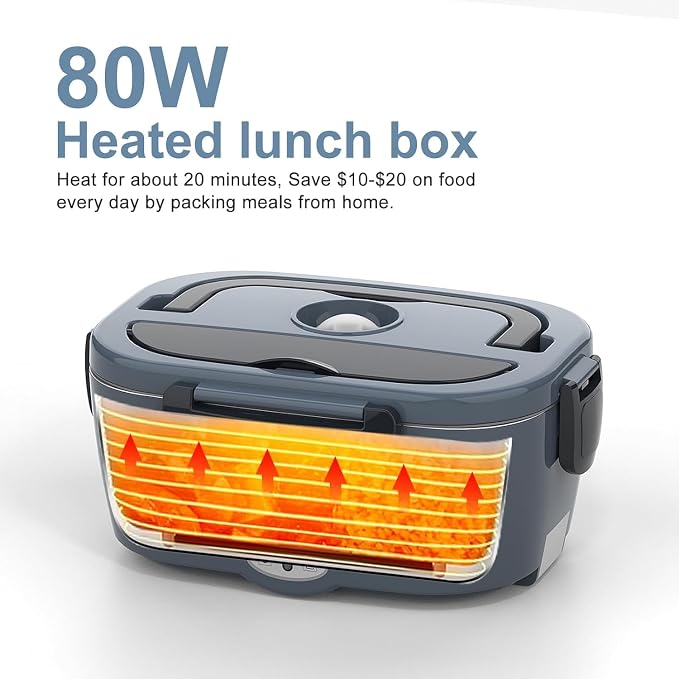 Electric Heated Lunch Box for Men/Women Home 80W Portable Food Warmer with 12V/24V/110V/220V Stainless Steel Leakproof Container for Work Travel Jobsite Camping Gifts Fathers Day for Dad Husband Men