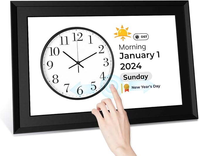 Touchscreen Digital Calendar Day Clock for Seniors 10.1 Inch, Voice Alarm | Medication Reminder | WiFi Accurate Time, Customizable Gift for Elderly or Dementia Alzheimers - Black