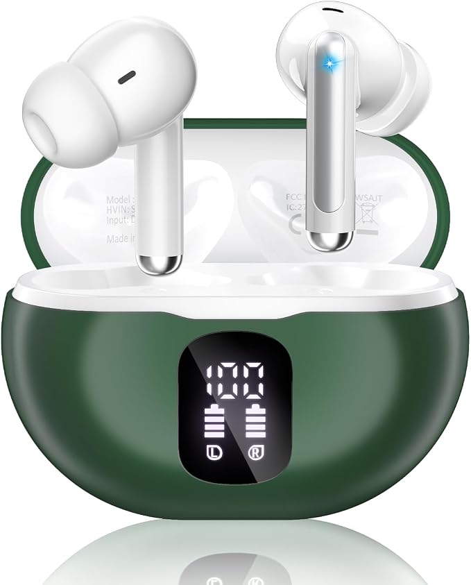 XIAOWTEK Wireless Earbuds, 2026 Bluetooth 5.4 Headphones Bass Stereo Ear Buds with Noise Cancelling Mic, LED Display in Ear Earphones 50H Playtime Ear Buds, IP7 Waterproof for Laptop Pad Phones Green