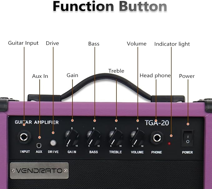 Electric Guitar Amplifier 20W Guitar Amp Purple Color Portable Practice 6.5Inch Speaker Aux Drive Gain Bass Treble Volume Headphone Multi Function Suitable for Beginner Starter in Home Or Outdoor