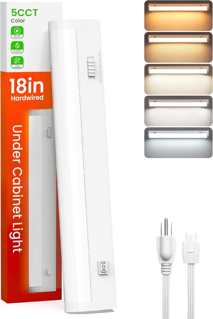 ALUSSO 18 Inch LED Under Cabinet Lighting Plug in 120V, 5CCT Color Selectable 2700K-5000K Dimmable 10W 800LM High Brightness, CRI 90+ Strip Linkable Under Counter Lights for Kitchen Sink, 1 Pack